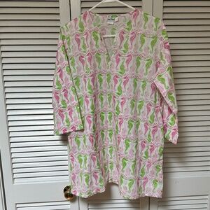 Lexi York Cotton Tunic V Neckline White Pink Green Seahorse Print Pockets Large